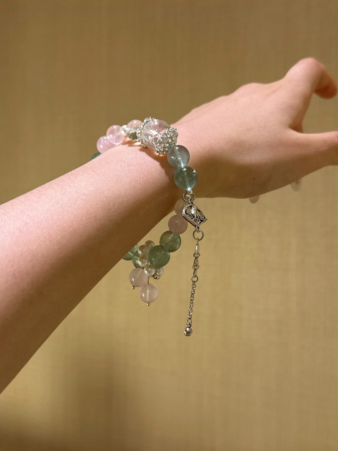 ▫️▪️ Green fluorite pink quartz white ace bracelet